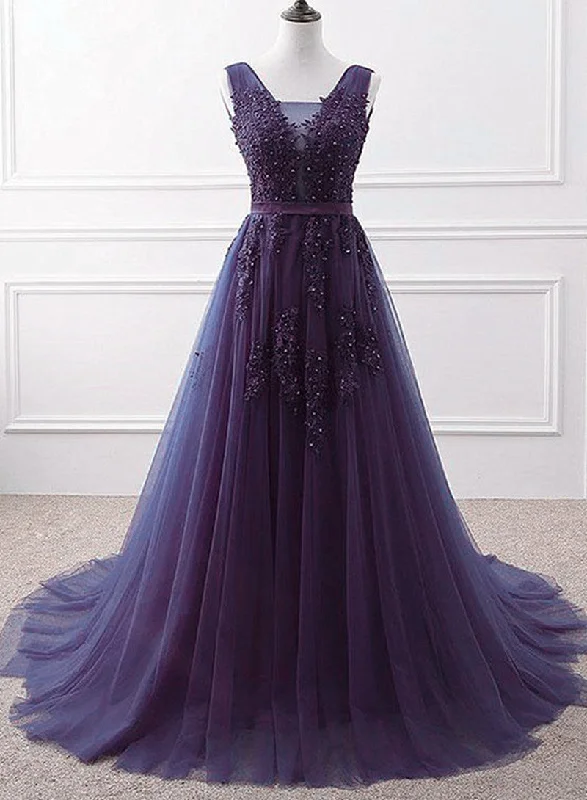 Purple Tulle Beaded Long Formal Party Dress, Dark Purple Evening Dress Tunics Chic fashionable