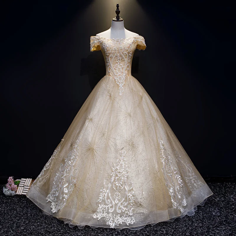 Champagne Lace Off Shoulder Party Dresses, Ball Gown Tulle Evening Dresses Formal Dresses Square Neckline Feminine