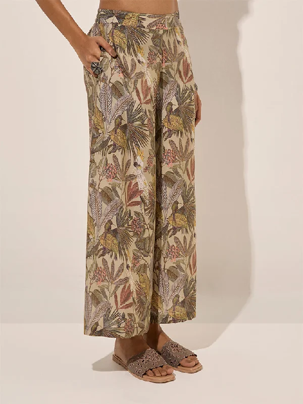 Utsa Brown Botanical Printed Pants Slim-Fit Khaki Pants