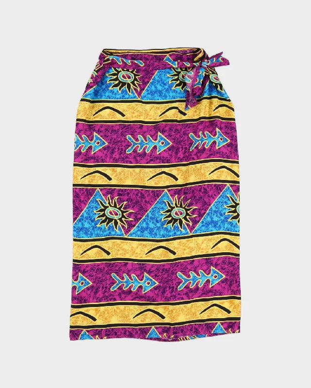 Fish and Sun Print Beach Maxi Wrap Skirt - Adjustable tiered skirt playful