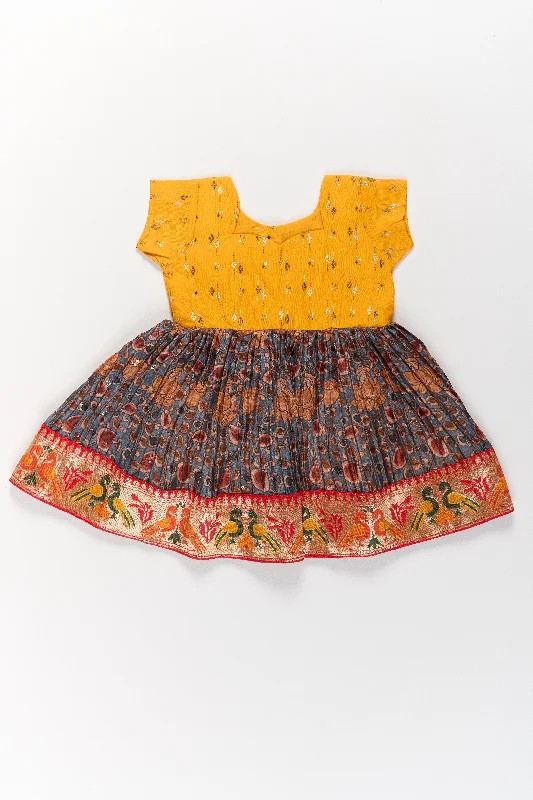 Girls Yellow Pattu Pavadai with Traditional Printed Border and Contrast Skirt for Festive Wear leather skirt modern