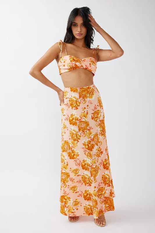 Gabbi Maxi Skirt Floral Print Orange linen skirt breathable