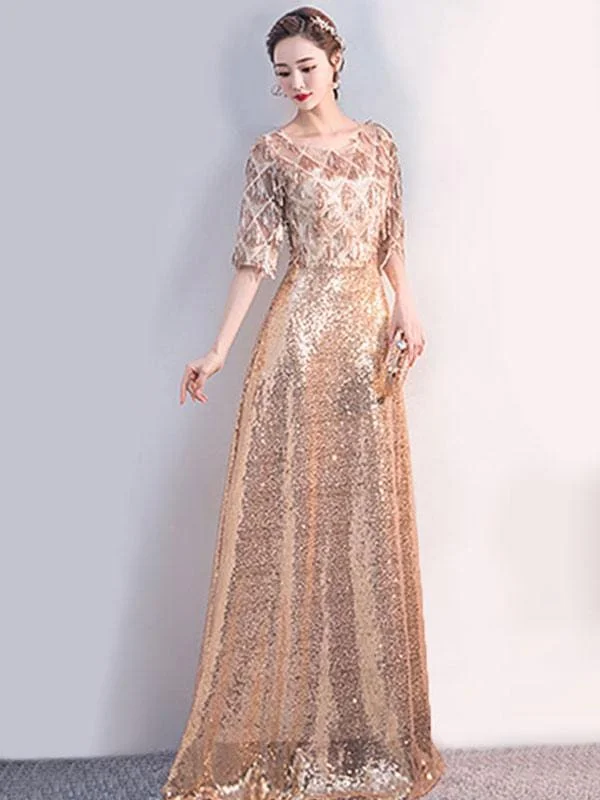 Sequin Party Dress 2021 Half Sleeves Floor Length Zipper Lace Prom Occasion Dresses empire Waist empire