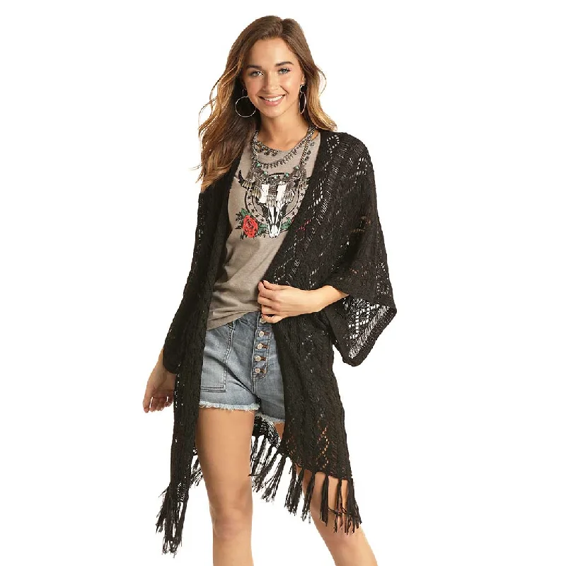 Rock & Roll Cowgirl Women's Fringe Crochet Cardigan Sequined Glittery Shiny
