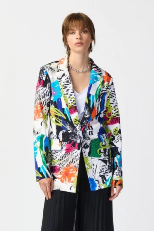 Joseph Ribkoff Vanilla/Multi Abstract Print One-Button Longline Blazer Jacket 241302 Welt Pockets Slit Pockets Flap Pockets