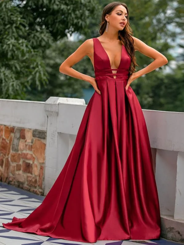 Evening Dress Burgundy A-Line V-Neck Backless Satin Fabric With Train Long Formal Party Dresses Tunics Top Casual