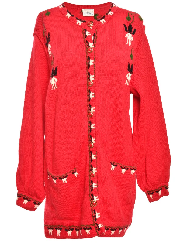 Button Through  Red Cardigan - L Wool Fabric Cashmere Fabric Tweed Fabric