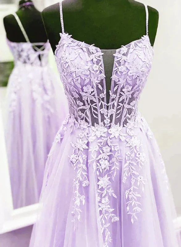 Lavender Lace Applique Tulle A-line Party Dresses, Floor Length Evening Gown Tunics Bestseller popular