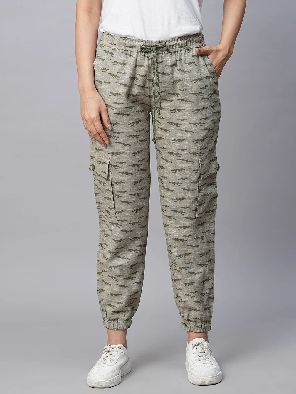 Women's Olive Linen Viscose Regular Fit Pant Soft Stretch Leggings