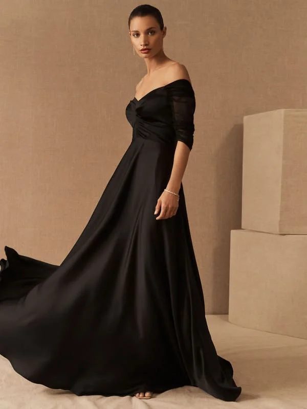 Black Evening Dress A-Line Bateau Neck Short Sleeves Zipper Pockets Matte Satin Floor-Length Formal Party Dresses Pencil Length Work