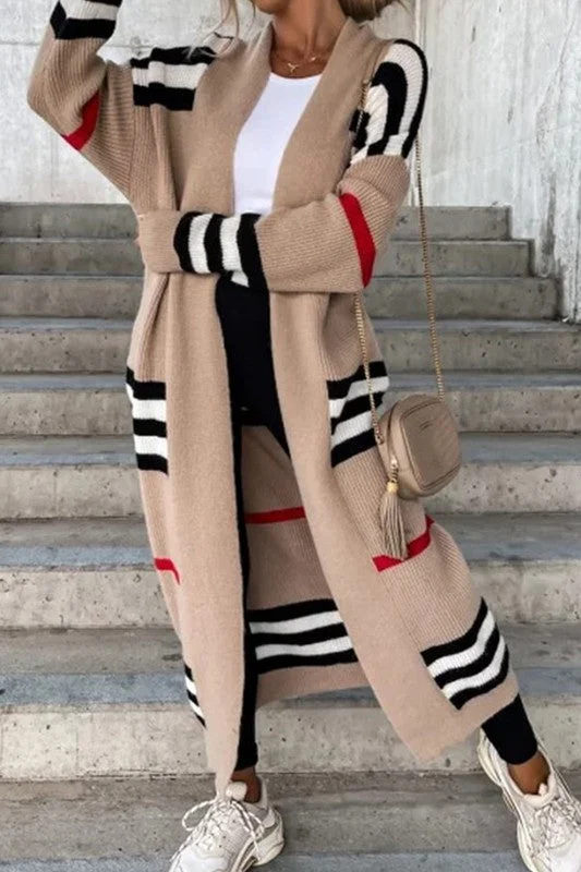 STRIPED PATCHWORK LONG CARDIGAN Stretchy Elastic Breathable