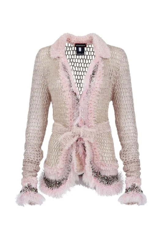BABY PINK HANDMADE KNITTED SHORT CARDIGAN Mesh Fabric Canvas Fabric Denim Fabric
