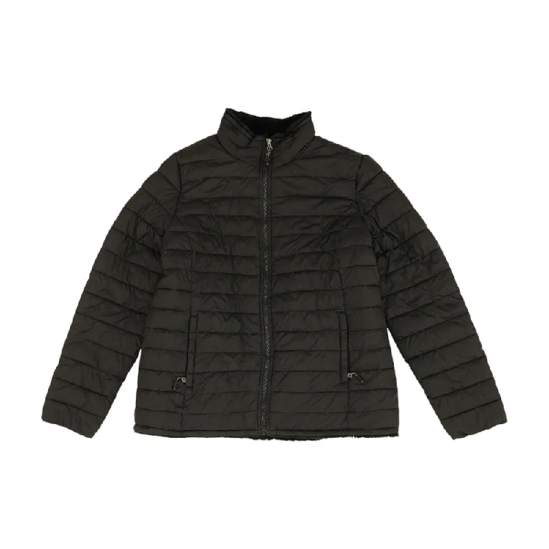 Black Solid Puffer Jacket Notch Collar Peter Pan Collar Cowl Neck