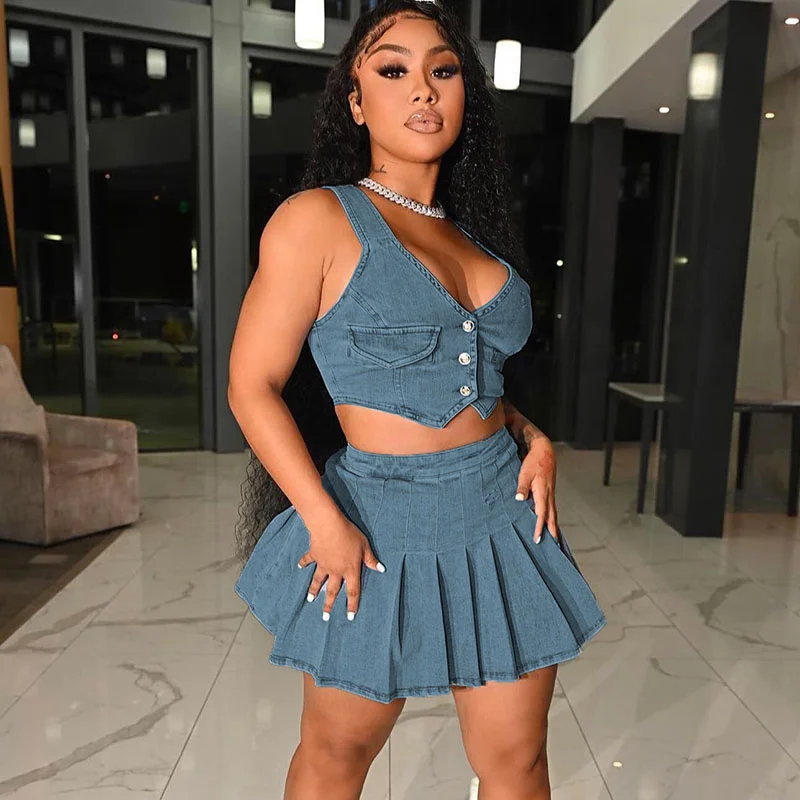 Women Fashion Sexy Solid Denim Sleeveless Tank Top And Pleated Skirt Set strapless tank top