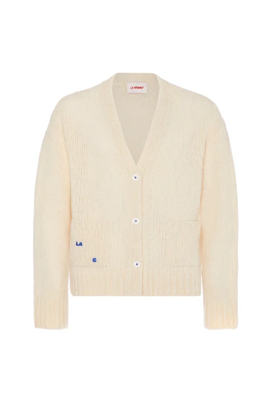 LA G KNITTED CREAM CARDIGAN Solid Color Striped Floral Print