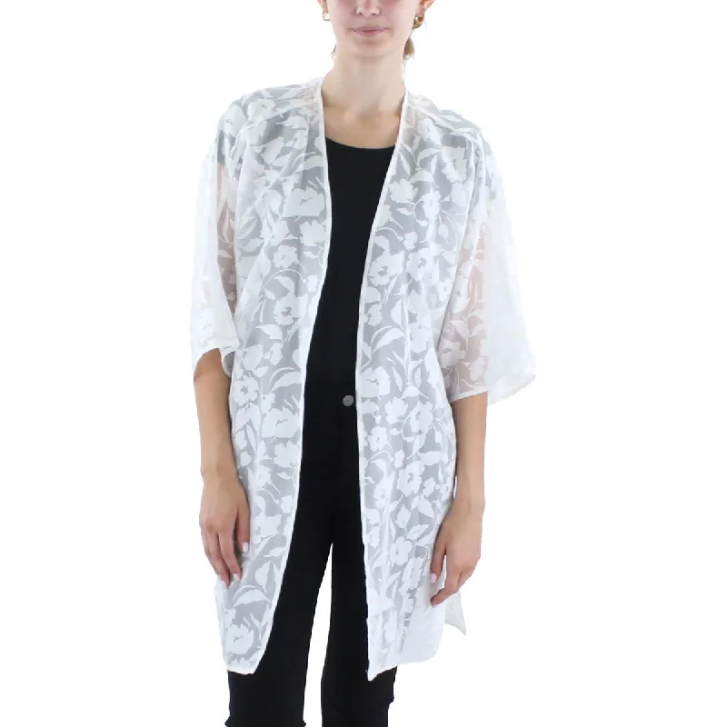Anne Klein Womens Oversized Side Slit Cardigan Sweater Chenille Brocade Lace