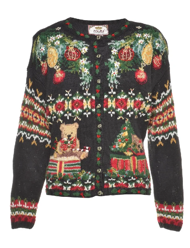 2000s Teddy Bear Design Christmas Cardigan - L Notch Collar Peter Pan Collar Cowl Neck