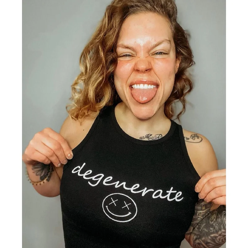 Salty Savage Ladies “Degenerate" High Neck Sleeveless Crop Tank sheer tank top