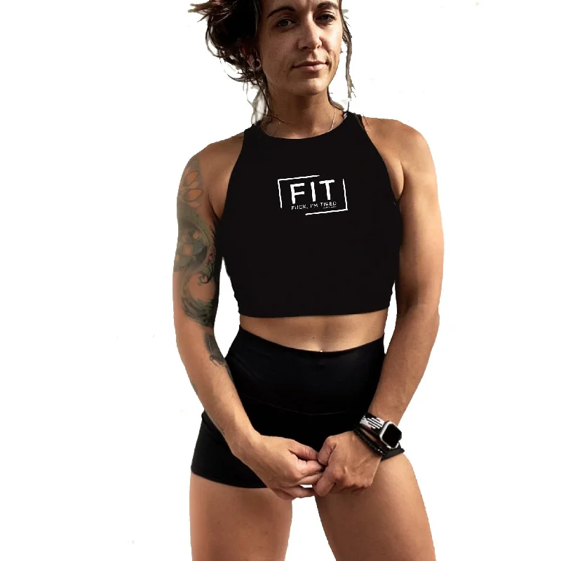 Salty Savage Ladies "FIT Fuck, I’m Tired" High Neck Sleeveless Crop Tank lemon yellow tank