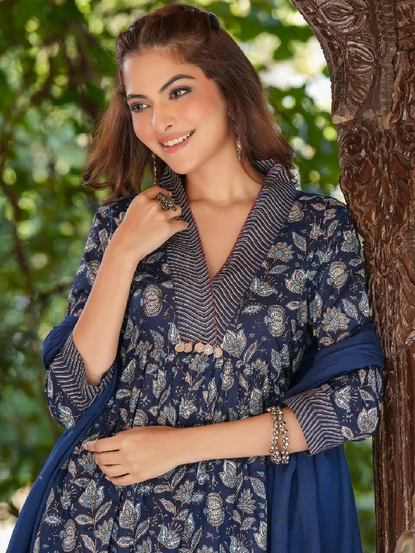Navy Blue Pure Cotton Floral Printed A-line Kurta Pant With Dupatta Set High-Waist Jogger Pants