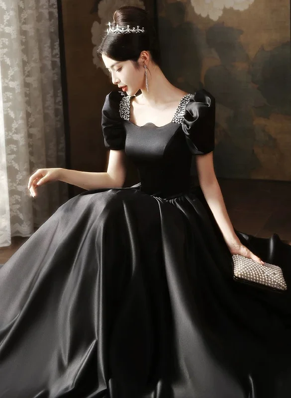 Black Short Sleeves Beaded A-line Satin Prom Dress, Black Satin Party Dress Tunics Wedding white