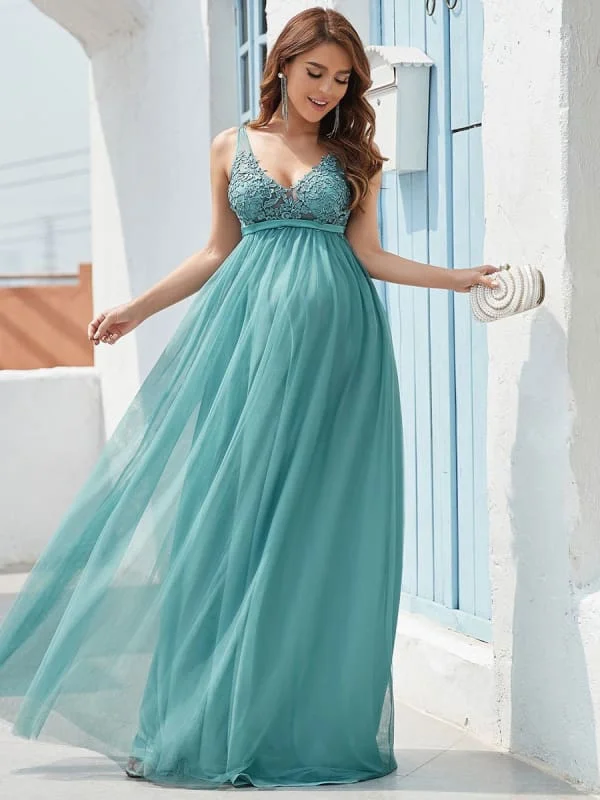 Evening Dress Cyan Blue A-Line V-Neck Sleeveless Tulle Floor-Length Lace Formal Party Dresses Tunics Denim casual
