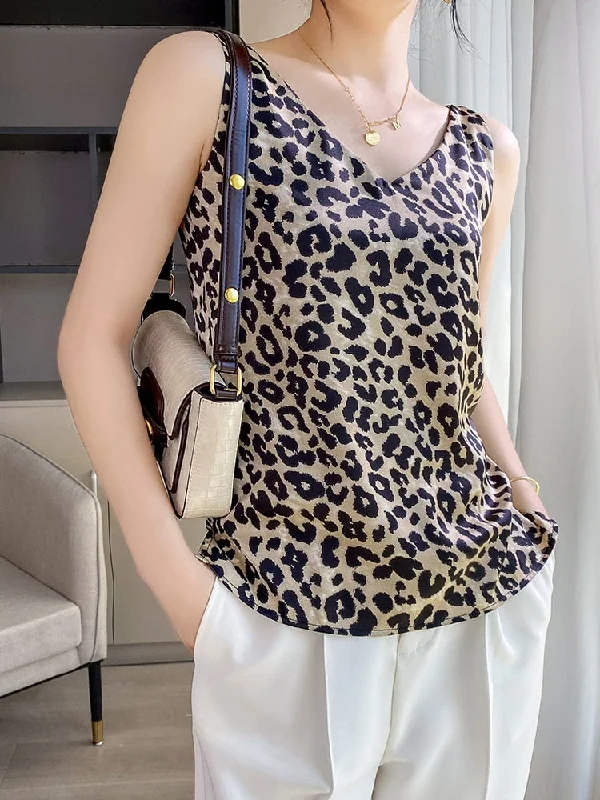 Tank Top Women Summer Leopard Artificial Silk Satin Thin Smooth Camis V-Neck Spaghetti Straps Backless Zebra Print Silky seamless tank top