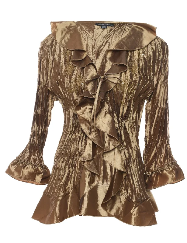 Bronze Metallic Ruffle Front Evening Jacket - XL Hooded Jacket Caped Jacket Shawl Collar Jacket