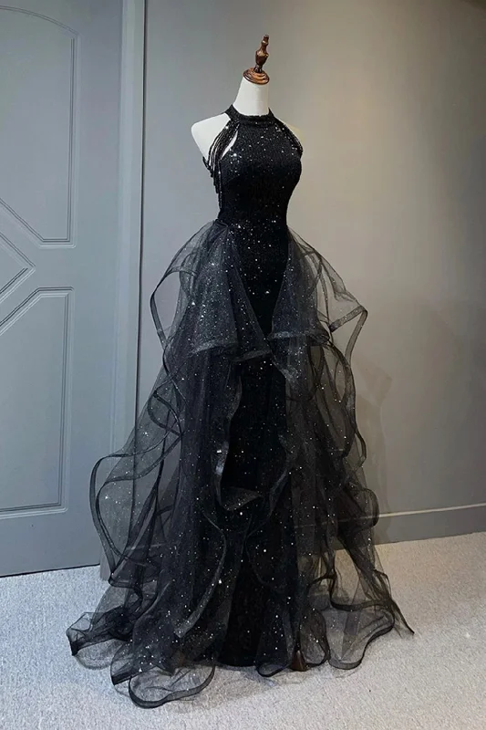 Black Shiny Tulle Long Party Dresses with Beaded, Black Evening Dresses Tunics Yoga stretchy