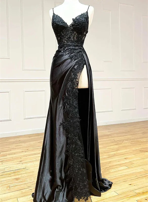 Black Long Satin with Lace Straps Long Party Dresses, Black Evening Dresses Square Neckline Feminine