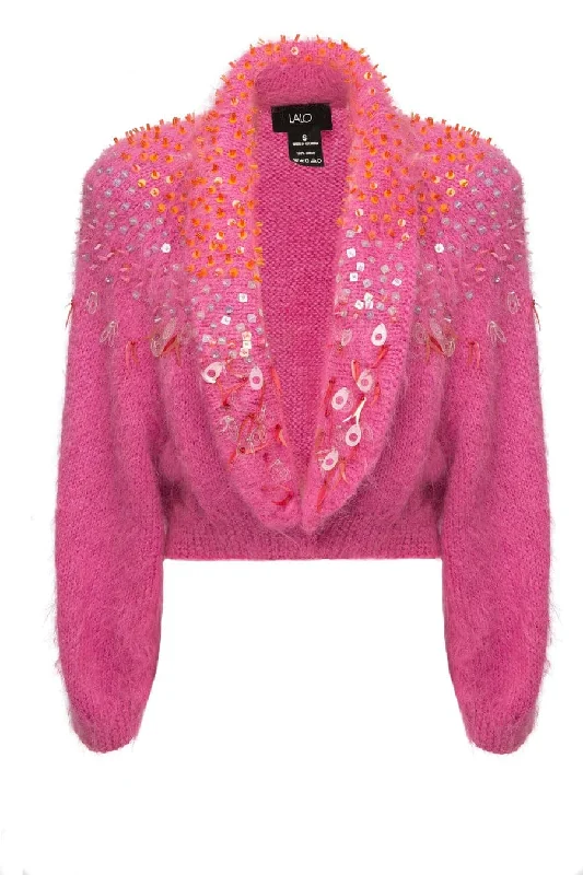 PINK EMBELLISHED MOHAIR CARDIGAN Beaded Cardigan Sequined Faux Fur