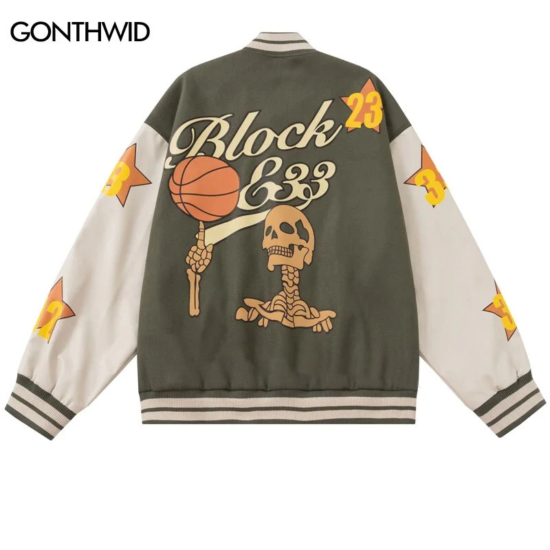 Hip Hop Baseball Jackets Funny Skull Print Varsity Bomber Windbreaker Jacket Streetwear 2023 Autumn Vintage Casual Jacket Green Collared Jacket Crew Neck Jacket Turtle Neck Jacket