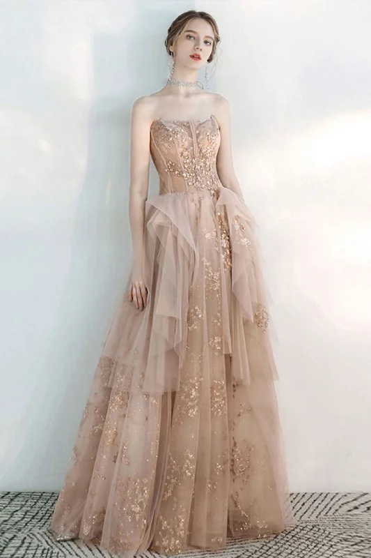 Open Back Beaded Champagne Tulle Long Prom Dresses, Champagne Formal Evening Dresses, Party Dresses Tunics Bestseller popular