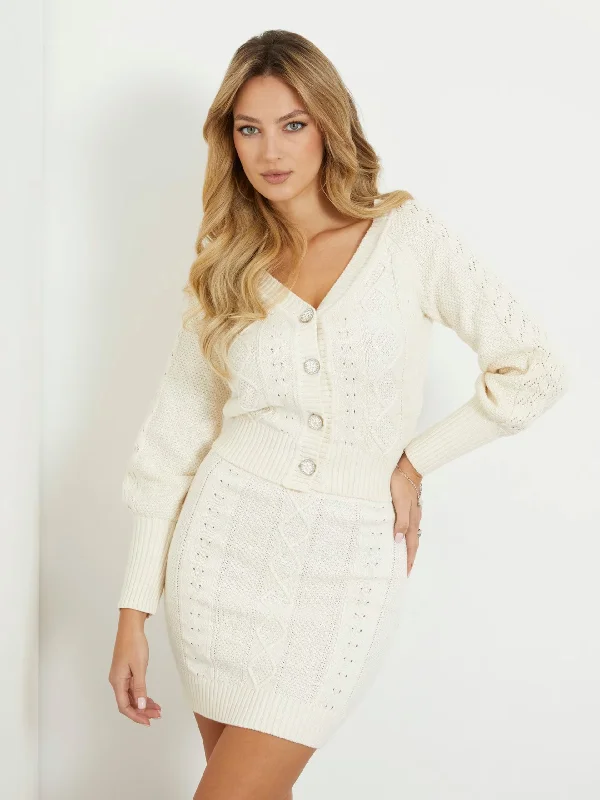 BRIELLE CABLE KNIT CARDIGAN SWEATER Mesh Cardigan Canvas Denim