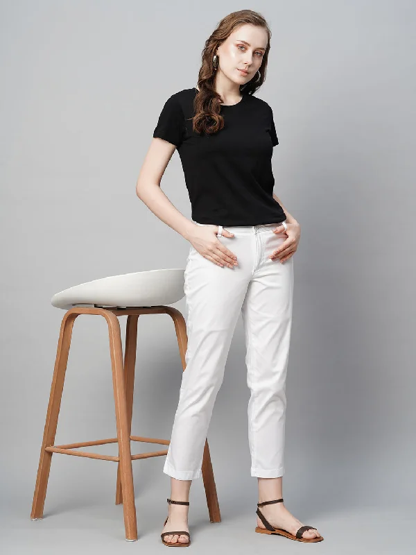 Women's White Cotton Elastane Regular Fit Pant Cozy Fitted Pants
