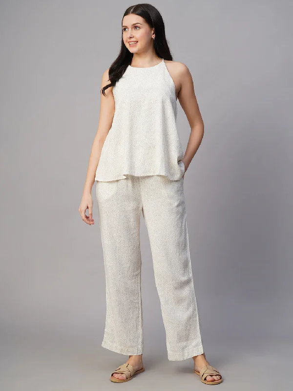 Women's Offwhite Linen Viscose Regular Fit Pant High-Waist Trousers