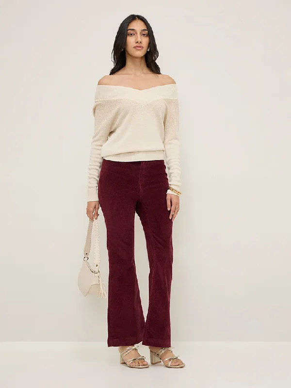 LOV Burgundy Ribbed Corduroy High-Rise Cotton-Blend Pants Soft Sweatpants Style