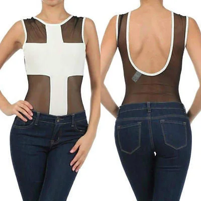 White Bodysuit Cross Mesh See Thru Sleeveless Tank Stretch Womens Top Sexy cold shoulder tank
