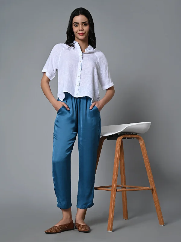 Women's Regular Fit Modal Blue Pant Slim-Fit Khaki Pants