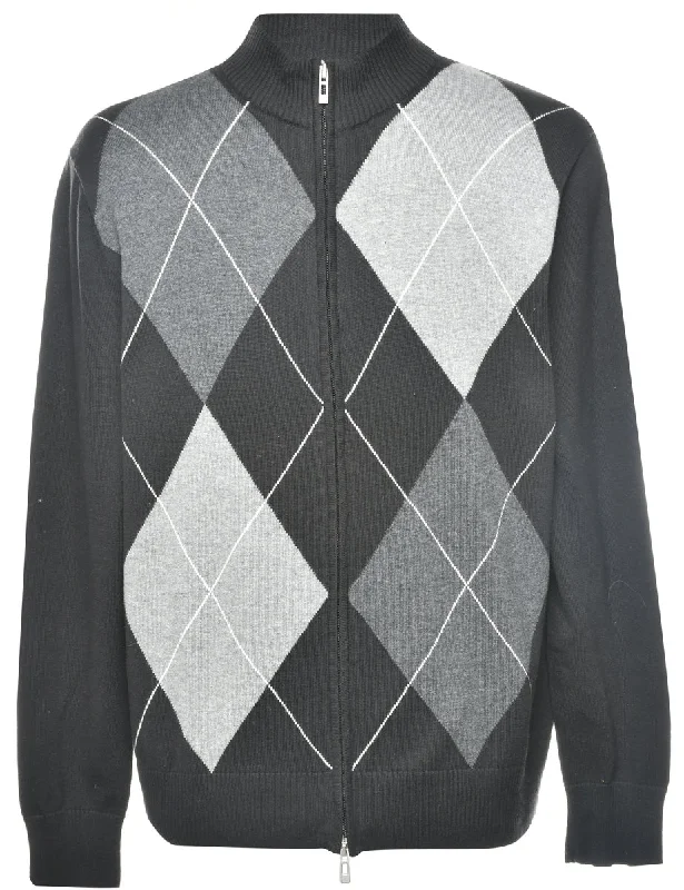 Argyle Black & Grey Cardigan - L Mesh Fabric Canvas Fabric Denim Fabric