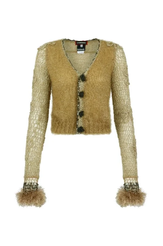 CAMEL HANDMADE KNITTED FEATHER CARDIGAN Velvet Chenille Corduroy