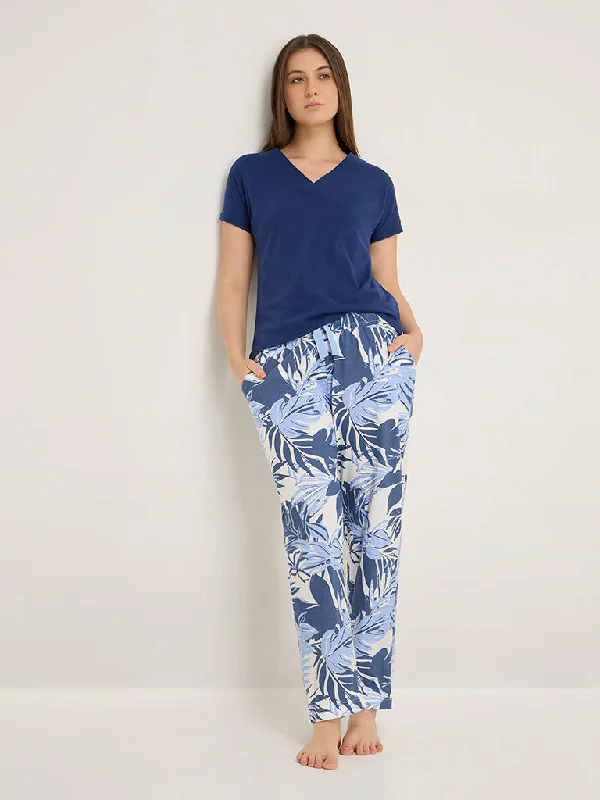Wunderlove White Botanical Printed High-Rise Lounge Pants Trendy Printed Leggings