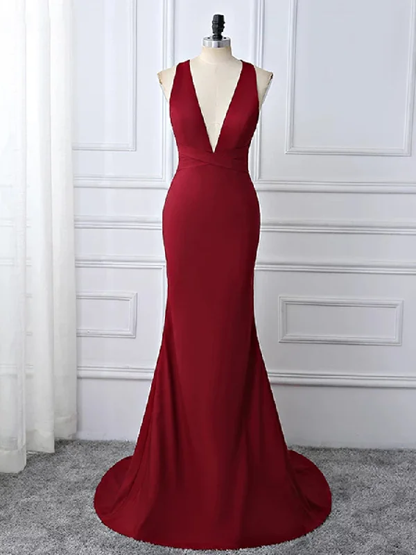 Wine Red Spnadex Sexy Cross Back Mermaid Long Party Dresses, Wine Red Evening Gown Mermaid Tail Wedding
