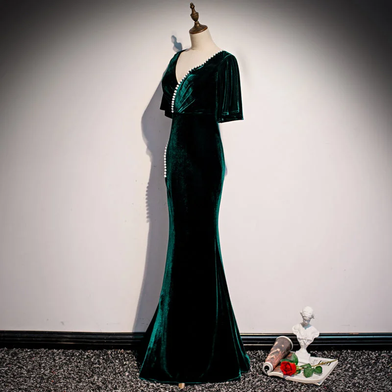 Dark Green Velvet Mermaid Slit V-neckline Formal Dresses Party Dresses, Long Evening Dresses Tunics Practical easy-care