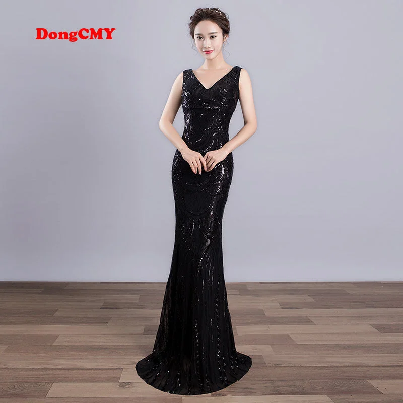 DongCMY 2018 New WT01568 Sexy Long Formal Evening dress Black Color Female V-neck Mermaid Party Dresses Tunics Polka dots