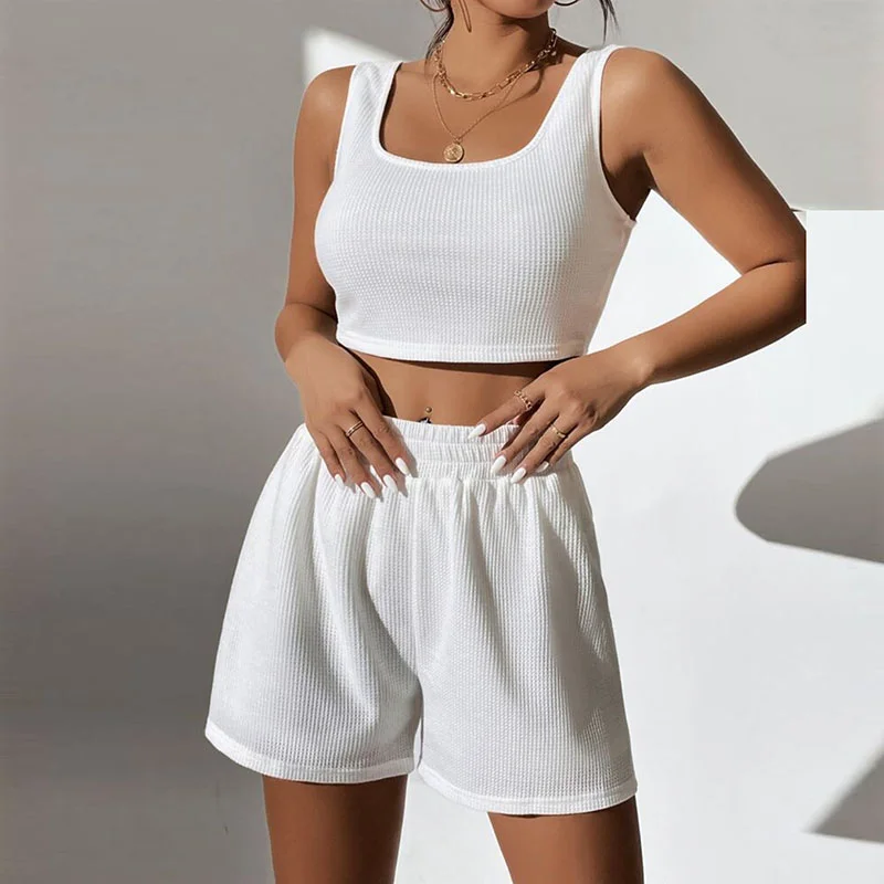 Women Fashion Casual Athleisure Summer Vacation Sleeveless Tank Top Loose Shorts Solid Color Rib-Knit Basic Set glitter tank top