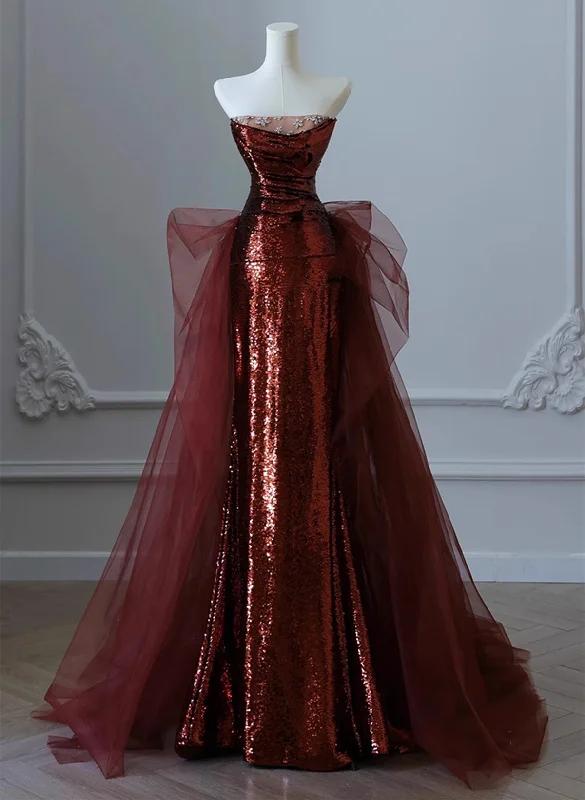 Wine Red Sequins and Tulle Beaded Long Party Dress, Wine Red Evening Dress Pleated Skirt Elegant
