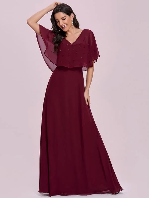Burgundy Prom Dress A-Line V-Neck Chiffon Half Sleeves Beaded Long Party Dresses Tunics Review highly