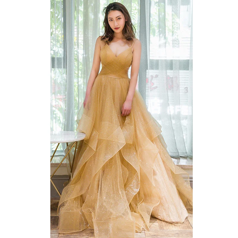 Light Champagne V-neckline Layers Straps Shiny Tulle Party Dresses, Champagne Evening Gown Formal Dresses Off-the-shoulder Chic Trendy
