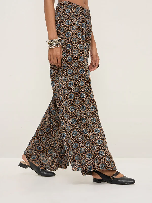 Zuba Blue Printed High-Rise Cotton-Blend Ethnic Pants Formal Linen Trousers
